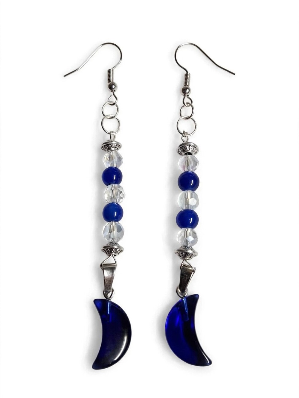 Silver-Tone Blue Crescent Bead Dangle Earrings